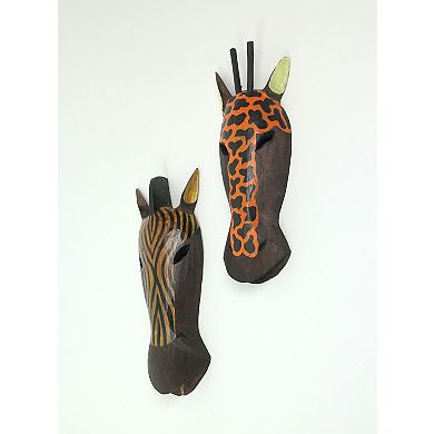 Set of 2 Zebra and Giraffe Mask Wall Hangings Safari Decor, 12 Inches High