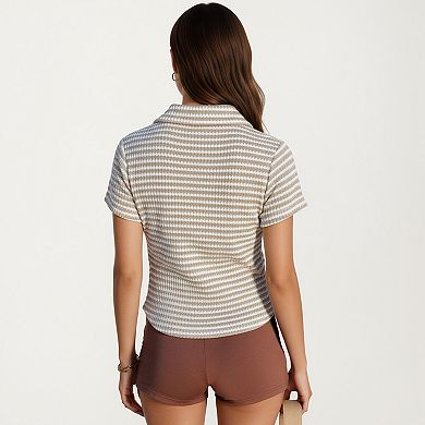Women's Short Sleeve Collared Knit Top with Striped Pattern and V-Neckline