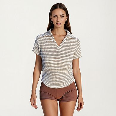 Women's Short Sleeve Collared Knit Top with Striped Pattern and V-Neckline