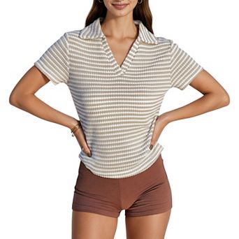 Women's Short Sleeve Collared Knit Top with Striped Pattern and V-Neckline