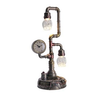 Steampunk Pipework Clock Stand Cordless LED Skull Bulb Copper Accent Desk Light