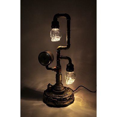 Steampunk Pipework Clock Stand Cordless LED Skull Bulb Copper Accent Desk Light