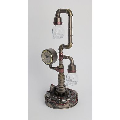 Steampunk Pipework Clock Stand Cordless LED Skull Bulb Copper Accent Desk Light