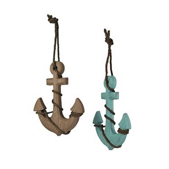 Set of 2 Wooden Ship Anchor Wall Hangings Blue and Brown 8.75 in High