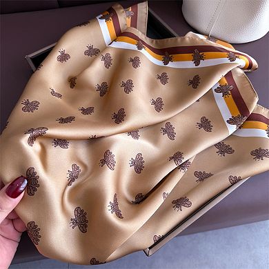 Women's Satin Square Scarf with Elegant Print Design for Neck and Hair Accessories