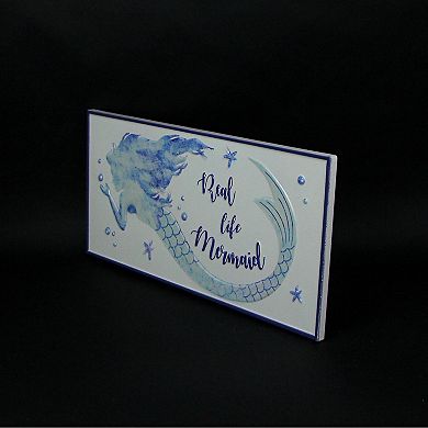 Blue / White Enamelware Real Life Mermaid Metal Wall Sign Coastal Decor