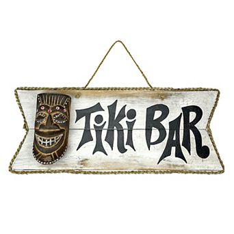 Hand Painted Rustic Tiki Bar Sign Carved Mask Rope Hanging 16x7 Tropical Décor