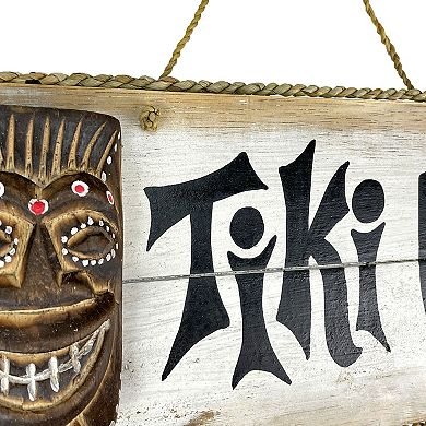 Hand Painted Rustic Tiki Bar Sign Carved Mask Rope Hanging 16x7 Tropical Décor
