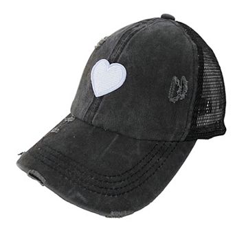 Women's Distressed Trucker Hat with White Heart Patch