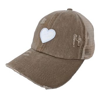 Women's Distressed Trucker Hat with White Heart Patch