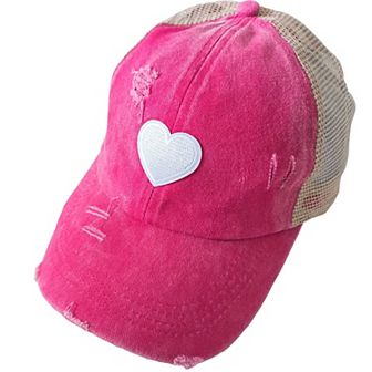 Women's Distressed Trucker Hat with White Heart Patch
