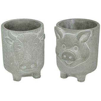 Set of 2 Natural Gray Barnyard Animal Design Concrete Planters Cow and Pig