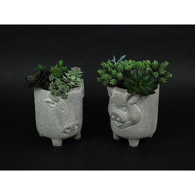 Set of 2 Natural Gray Barnyard Animal Design Concrete Planters Cow and Pig