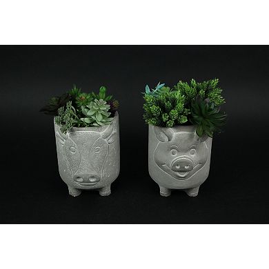 Set of 2 Natural Gray Barnyard Animal Design Concrete Planters Cow and Pig