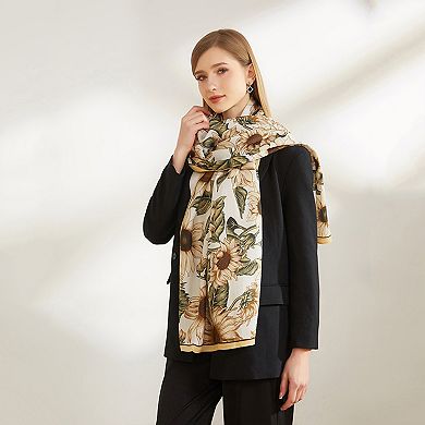 Sunflower Print Velvet Feel Autumn Winter Scarf with Warm Soft Texture