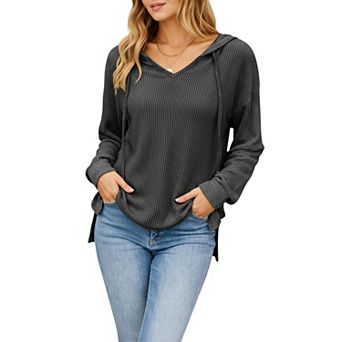 Women's Long Sleeve Waffle Knit Hoodie with V-Neckline and Relaxed Fit