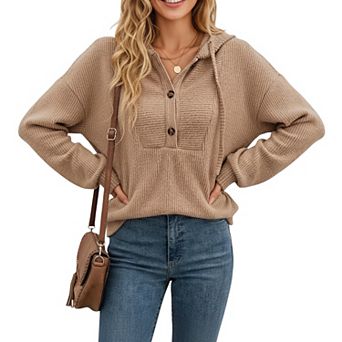 Women's Ribbed Knit Long Sleeve Hoodie Top with Button Front Placket