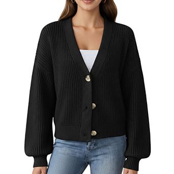 Women's Button Front Knit Cardigan with Long Lantern Sleeves and Relaxed Fit