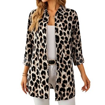 Women's Leopard Print Button-Up Long Sleeve Shirt with Collared Neckline