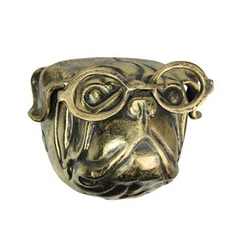 Gold Pug Dog Head Wall Decor with Spectacles 6" Cast Aluminum Wall Accent