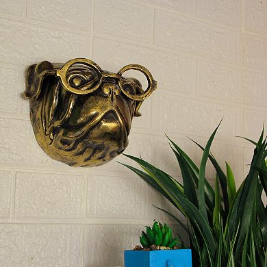 Gold Pug Dog Head Wall Decor with Spectacles 6" Cast Aluminum Wall Accent