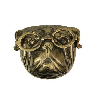 Gold Pug Dog Head Wall Decor with Spectacles 6" Cast Aluminum Wall Accent
