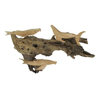 Carved Wood Humpback Whale Trio on Driftwood Base Wall Hanging