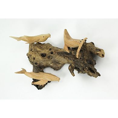 Carved Wood Humpback Whale Trio on Driftwood Base Wall Hanging