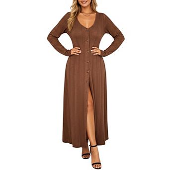 Women's Long Sleeve Button Front Maxi Dress with Deep V-Neck and Side Slit