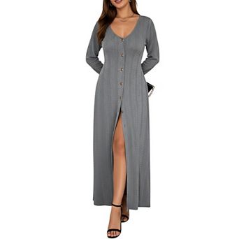 Women's Long Sleeve Button Front Maxi Dress with Deep V-Neck and Side Slit