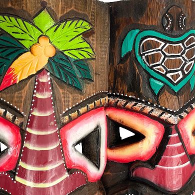 Set of 2 Triple-Faced Tiki Wall Sculptures Palm Tree, Sun & Sea Turtle Designs