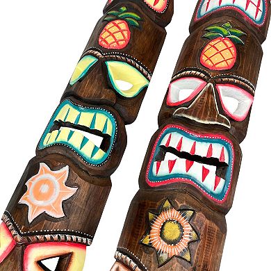 Set of 2 Triple-Faced Tiki Wall Sculptures Palm Tree, Sun & Sea Turtle Designs