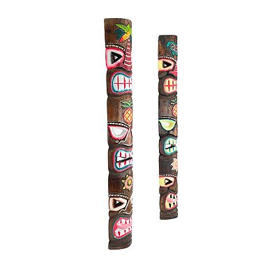 Set of 2 Triple-Faced Tiki Wall Sculptures Palm Tree, Sun & Sea Turtle Designs