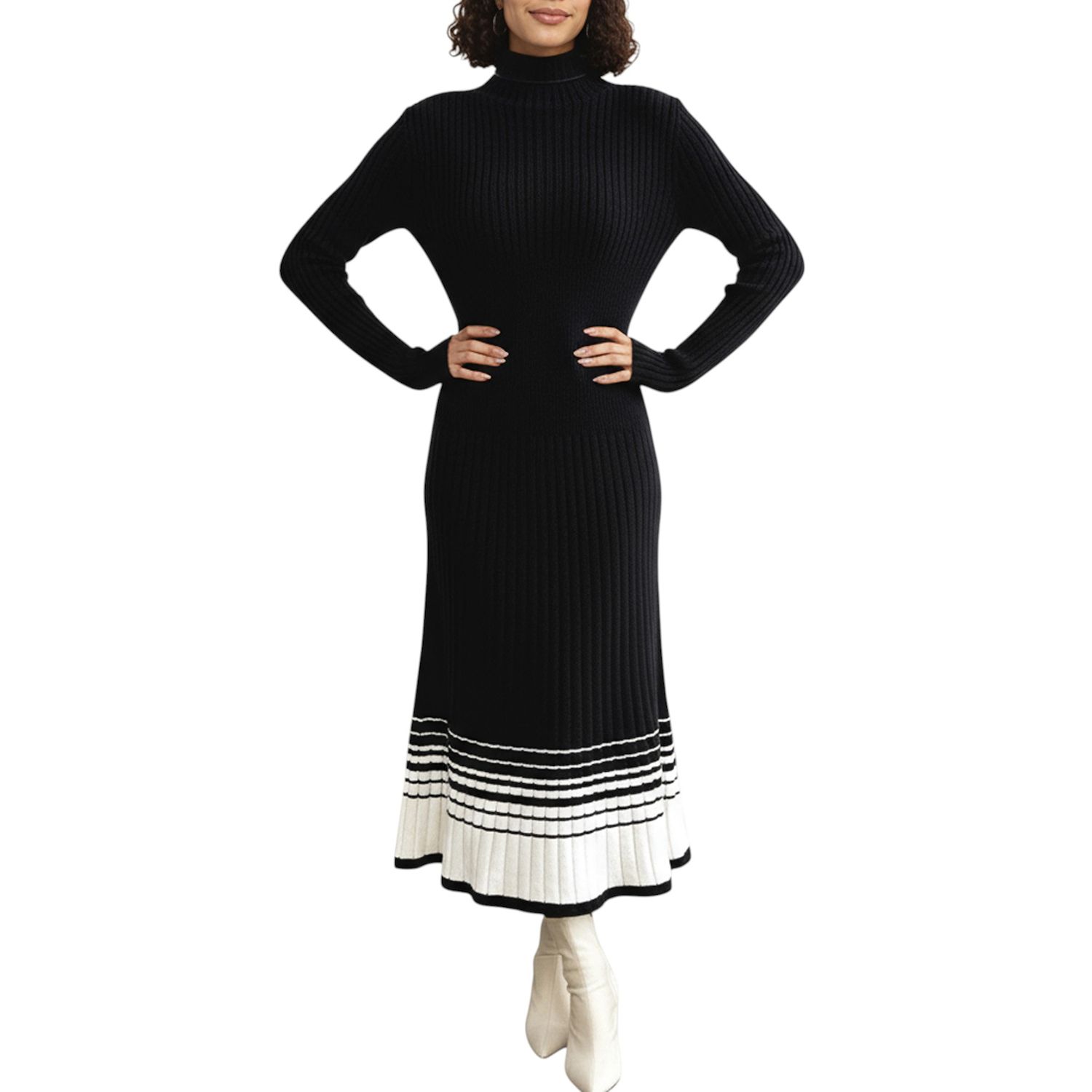 Женские платья Long Sleeve Ribbed Knit Midi Dress with Contrast Hem Stripe Design