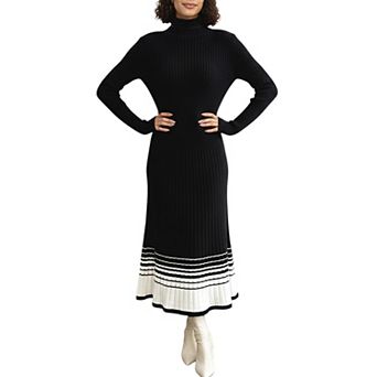 Women's Long Sleeve Ribbed Knit Midi Dress with Contrast Hem Stripe Design