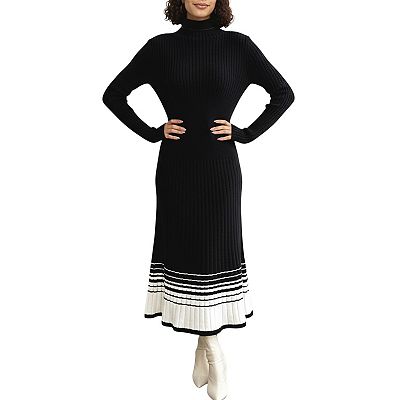 Anna-Kaci Women's Long Sleeve Ribbed Knit Midi Dress with Contrast Hem Stripe Design