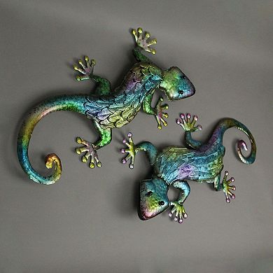 Set of 2 Multicolor Metal Gecko Lizard Wall Sculptures 19.25 Inches Long