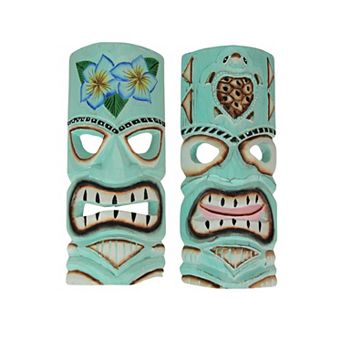 Aqua Blue Tiki Wall Masks Flower & Sea Turtle Design, 12"x5"x2" Tropical Decor