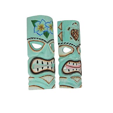 Aqua Blue Tiki Wall Masks Flower & Sea Turtle Design, 12"x5"x2" Tropical Decor
