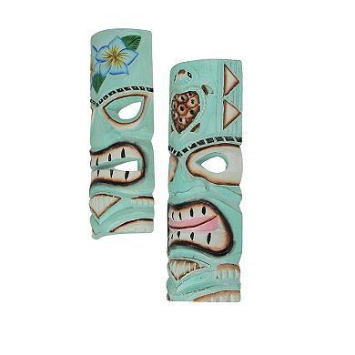 Aqua Blue Tiki Wall Masks Flower & Sea Turtle Design, 12"x5"x2" Tropical Decor
