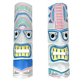 Set of 2 - 20" Pastel Pink & Blue Tiki Masks Wood Wall Decor Indoor/Outdoor