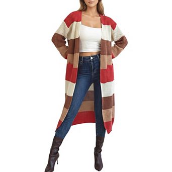 Women's Long Sleeve Open Front Knit Cardigan with Bold Color Block Stripes