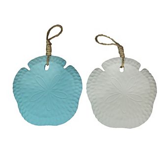 Set of 2 Wooden Sand Dollar Wall Hangings Coastal Blue and White Decorations