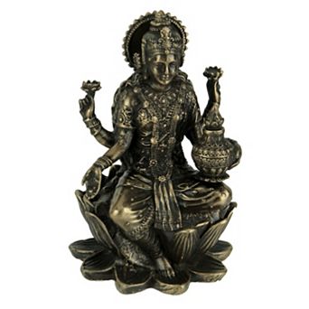 Bronze Finish Lakshmi Hindu Goddess On Lotus Figurine