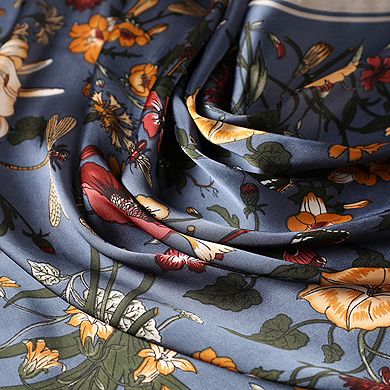 Women's Satin Floral Print Square Scarf with Elegant Vintage Inspired Design