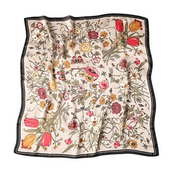 Women's Satin Floral Print Square Scarf with Elegant Vintage Inspired Design