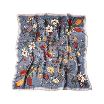 Women's Satin Floral Print Square Scarf with Elegant Vintage Inspired Design