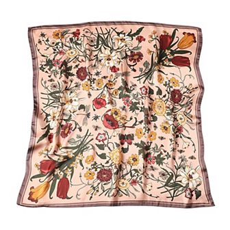 Women's Satin Floral Print Square Scarf with Elegant Vintage Inspired Design