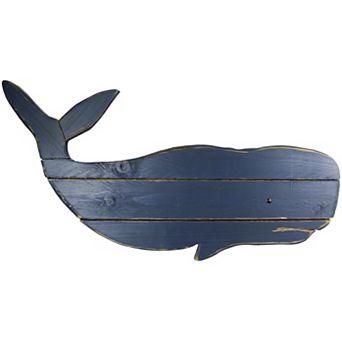 30 Inch Distressed Blue Carved Wood Whale Wall Hanging Decorative Display Art