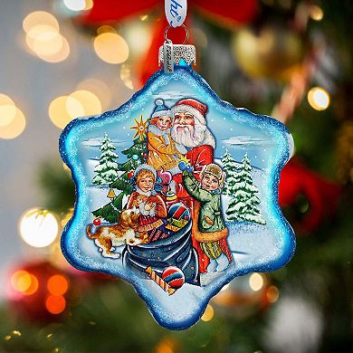 Holiday Joy in Blue Snowflake Glass Ornament by G. Debrekht - Christmas Decor
